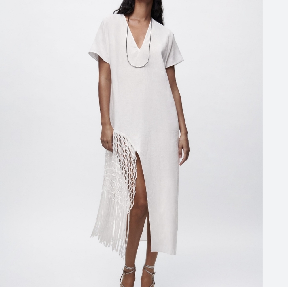 Linen Dress with Fringe